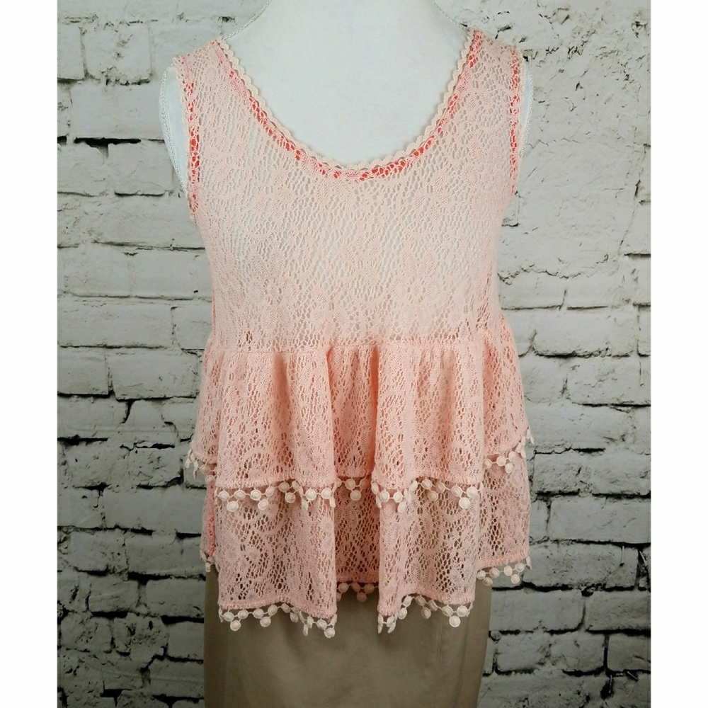 Free People Peach lace layered tank sz M - Picture 3 of 8
